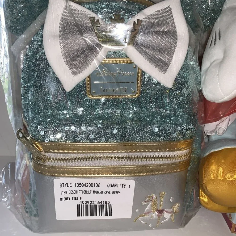 Disney Teal, Gold & Pink Sequin Mini Backpack with Minnie Plush Set